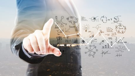 Abstract Double exposure of Business man touching an imaginary s